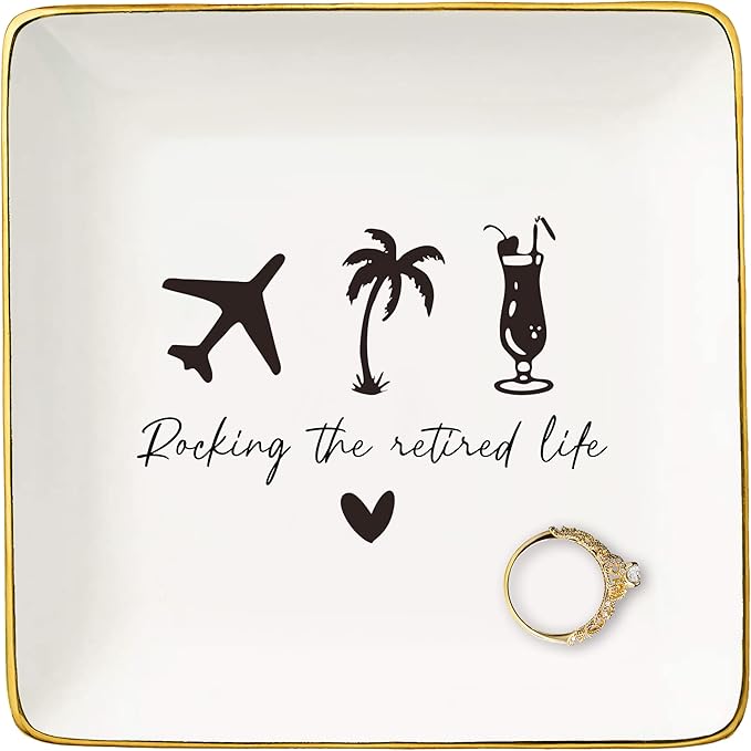 Rocking the Retired-Happy Retirement Gifts-Funny Colleagues Retirement,Goodbye,Leaving Gifts for Coworkers Boss Leader Teacher-Appreciate Christmas Gift-Ceramic Jewelry Tray Trinket Holder Ring Dish
