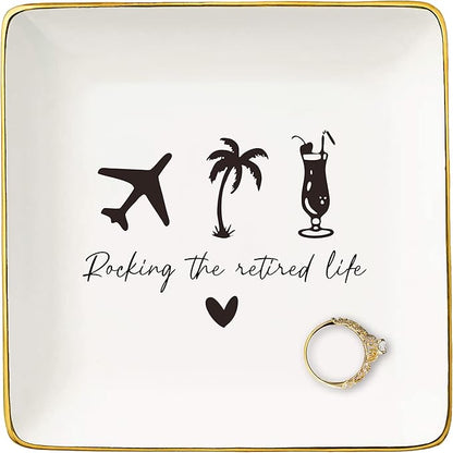 Rocking the Retired-Happy Retirement Gifts-Funny Colleagues Retirement,Goodbye,Leaving Gifts for Coworkers Boss Leader Teacher-Appreciate Christmas Gift-Ceramic Jewelry Tray Trinket Holder Ring Dish