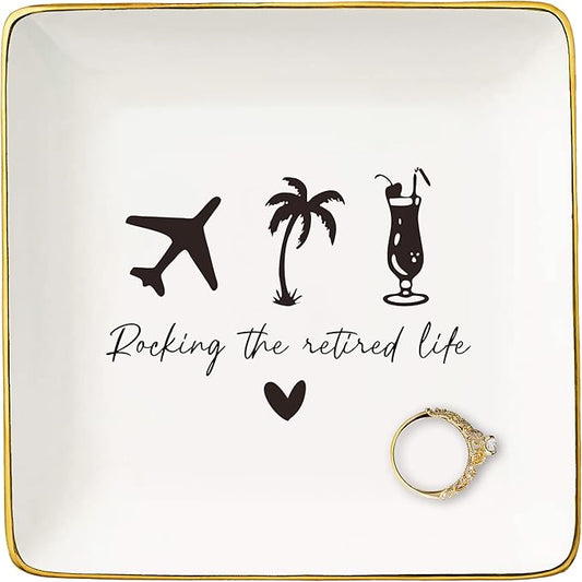 Rocking the Retired-Happy Retirement Gifts-Funny Colleagues Retirement,Goodbye,Leaving Gifts for Coworkers Boss Leader Teacher-Appreciate Christmas Gift-Ceramic Jewelry Tray Trinket Holder Ring Dish