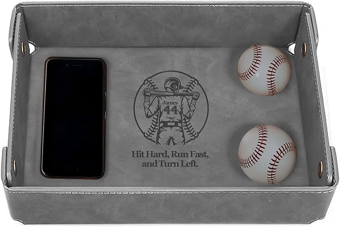 Engraved Baseball Valet Tray –Personalized Leather Catchall with Custom Name –Men’s Nightstand Organizer for Keys, Wallet, Jewelry, and Essentials – Unique Baseball Fan Gift for Home or Office - Grey