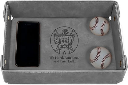 Engraved Baseball Valet Tray –Personalized Leather Catchall with Custom Name –Men’s Nightstand Organizer for Keys, Wallet, Jewelry, and Essentials – Unique Baseball Fan Gift for Home or Office - Grey