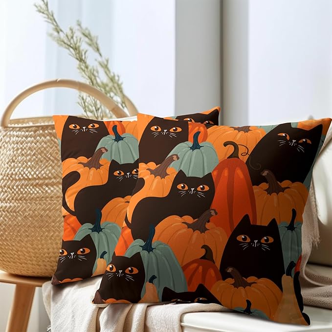 Halloween Pumpkin Fall Pillow Covers 16x16 Set of 2 Burnt Orange Cute Black Cat Print Decorative Autumn Outdoor Pillowcases with Zipper Farmhouse Holiday Throw Cushion Case Decor for Couch Sofa Bed