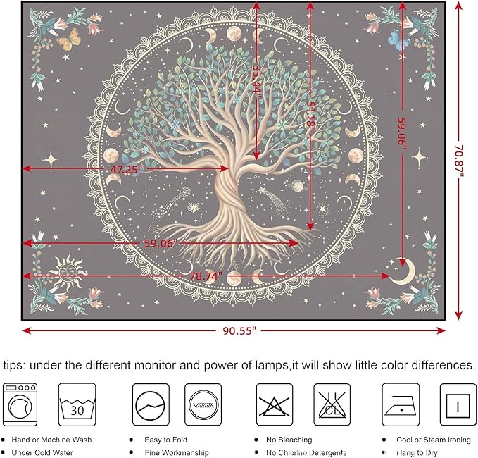 Moon Phase Tree of Life Tapestry Nature Flower Plant Butterfly Tapestries Boho Mandala Spiritual Tapestry Aesthetic Wall Hanging for Home Decor Bedroom Living Room Dorm Decor (35.44" x 47.25", Blue)