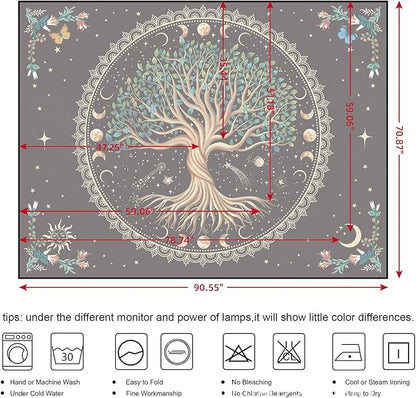 Moon Phase Tree of Life Tapestry Nature Flower Plant Butterfly Tapestries Boho Mandala Spiritual Tapestry Aesthetic Wall Hanging for Home Decor Bedroom Living Room Dorm Decor (51.18" x 59.06", Blue)