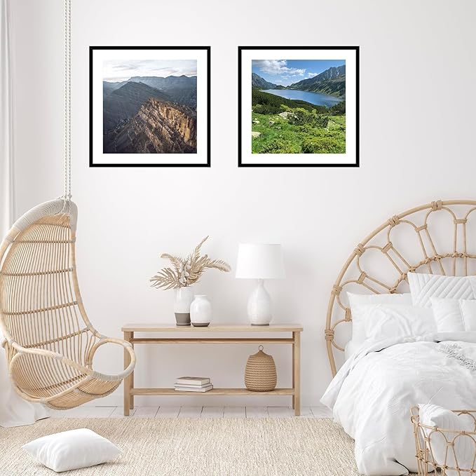 24x24 Picture Frame Set of 2 Black with 20x20 Mat, Display Photo 20x20 with Mat or 24 x 24 Without Mat, Wall Hanging Large 24x24 Poster Frame with Shatter Resistant Plexiglass, 2 Pack, Black