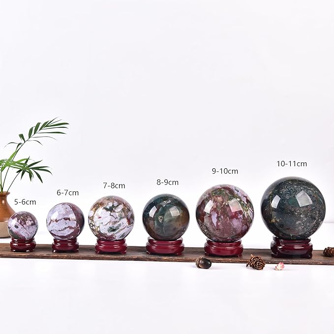 JIC Gem Ocean Jasper Crystal Ball with Wooden Stand Healing Crystal Sphere Ball for Feng Shui Decor Spiritual Gifts 70-80mm