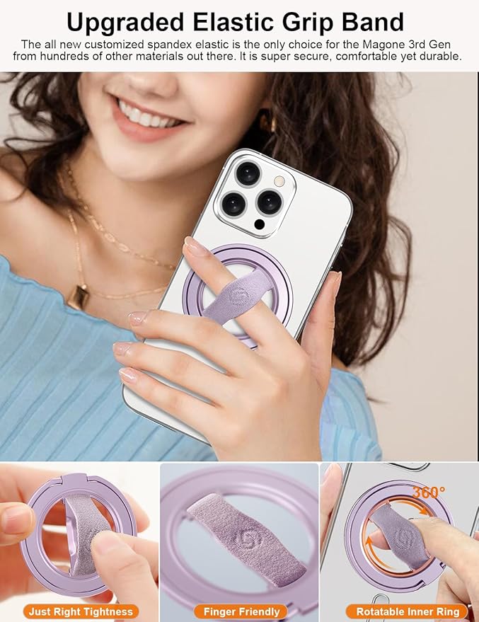 EWA MagOne 3rd Gen [Compatible with MagSafe] Phone Grip Stand with Finger Strap, Removable Magnetic Ring Holder Kickstand Loop for iPhone 17,16,15,14,13,12 Series (Purple)