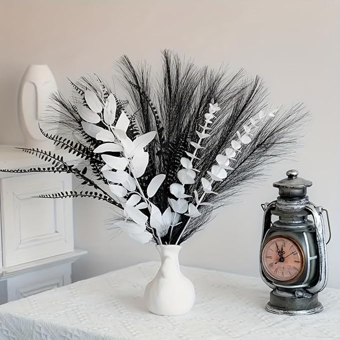 Modern Artificial Flower Arrangement, 17-Inch Black and white Faux Eucalyptus and Grass Bouquet, Minimalist Nordic Home Decor, Suitable for Fireplaces, Dining Tables, offices, (Vase Not Included)