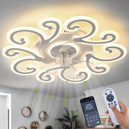 HuixuTe 29" White Flower Modern Ceiling Fan with Lights Remote Control, Low Profile Ceiling Fan with Light for Kitchen Bedroom Living Room