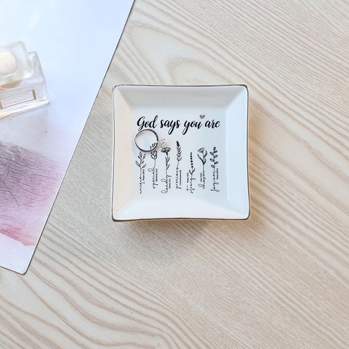 God Says You Are Flower Ring Dish-Christian Religious Spiritual Gifts for Women Friends Mom Sister Christmas Birthday