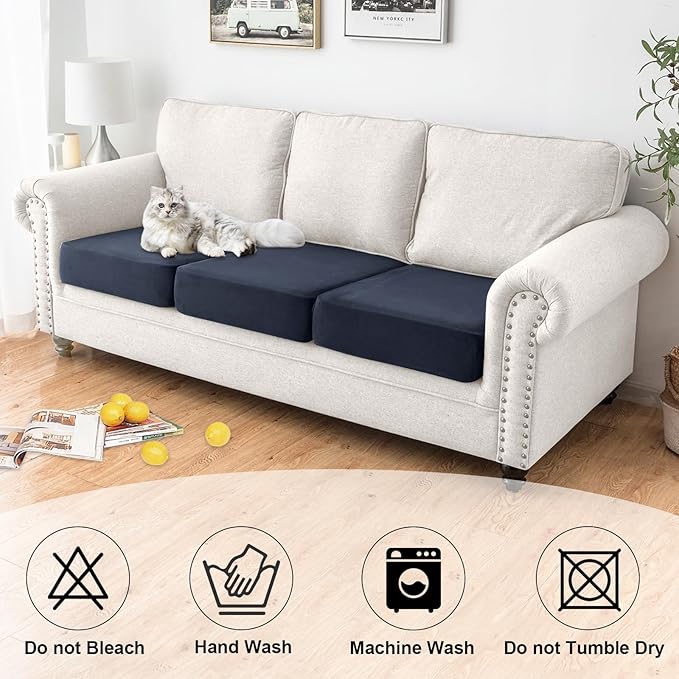 NAISI Waterproof Couch Cushion Covers Thick Velvet Fabric Washable Sofa Slipcovers 3 Pieces Individual Sectional Couch Covers with Elastic Bottom(3 Pcs for 3-Seat or Backrest,Navy)
