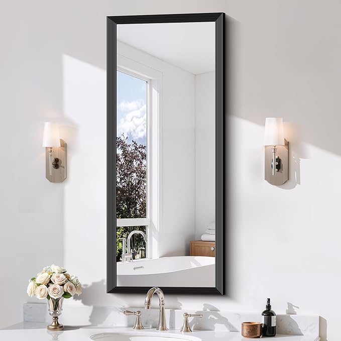 Black Bathroom Mirror 20 x 48 Inch Rectangle Wave Beveled Frame for Wall Bathroom Vanity Mirror for Over Sink, Tempered Glass,for Entryway Hangs, Bathroom Living Room Horizontal or Vertical