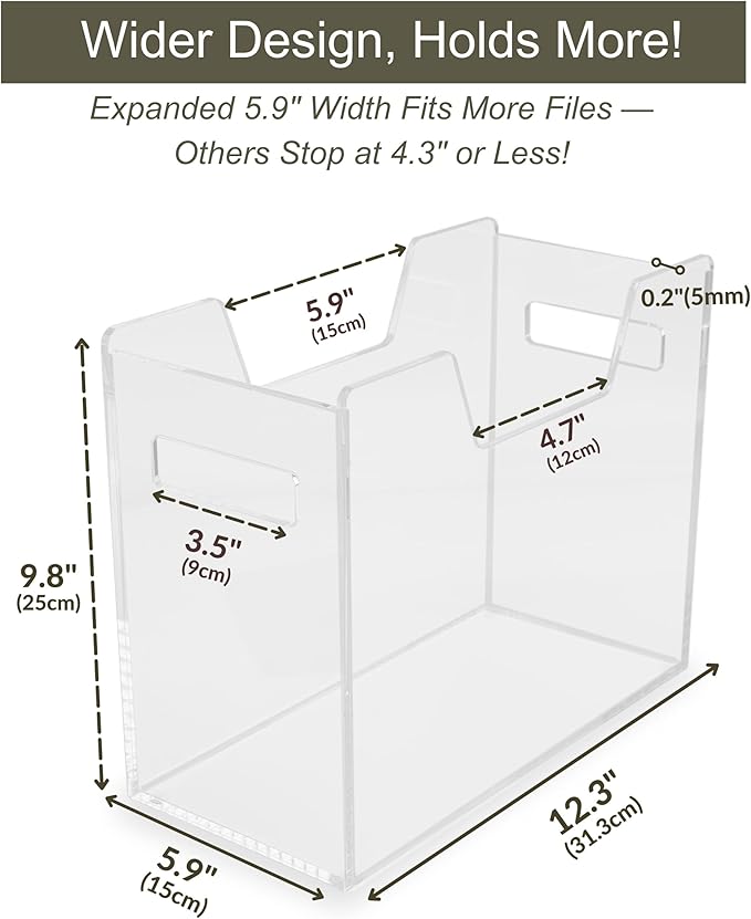 Acrylic File Holder - Clear Hanging File Organizer Box, Modern Acrylic File Folder Organizer, Lucite Hanging File Crate Bin with handles, Transparent Desktop File Folder Box for Letter Size