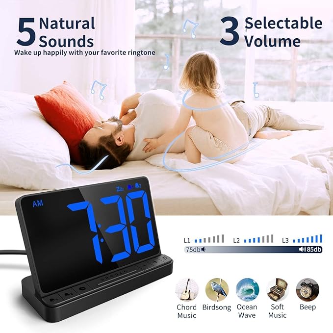 NOKLEAD Digital Alarm Clock for Bedroom: Large 6.5-inch LED Display, Stepless Brightness, 9-Mins Snooze, USB Charging Port, 2 Alarm with 5 Ringtone 3 Volume, Easy to Use for Kids Seniors (Black)
