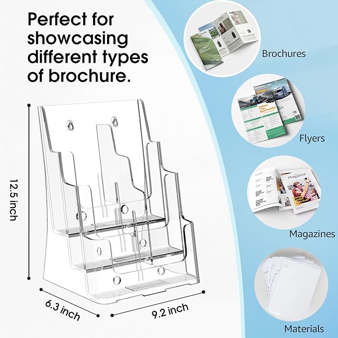 MaxGear Brochure Holder 3 Tier 8.5x11 inch with Removable Divider for 4x9 inch Acrylic Literature Display Stand Clear Plastic Flyer Holder Wall Mount or Countertop Use for Pamphlets, Booklets, 4 Pack