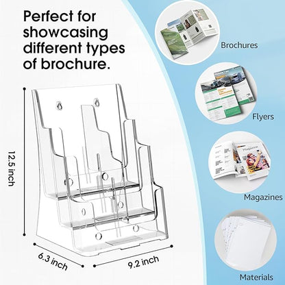 MaxGear Brochure Holder 3 Tier 8.5x11 inch with Removable Divider for 4x9 inch Acrylic Literature Display Stand Clear Plastic Flyer Holder Wall Mount or Countertop Use for Pamphlets, Booklets, 4 Pack