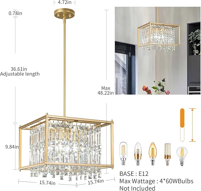 LMQNINE Modern Foyer Chandelier, Gold Crystal Chandelier Entryway Pendant Light Fixture, Square Adjustable Height Chandeliers for Kitchen Island, L15.74'' x H9.84''