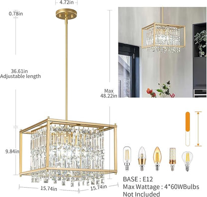 LMQNINE Modern Foyer Chandelier, Gold Crystal Chandelier Entryway Pendant Light Fixture, Square Adjustable Height Chandeliers for Kitchen Island, L15.74'' x H9.84''