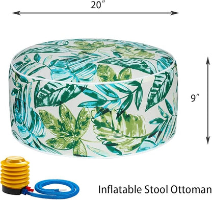 Inflatable Outdoor Ottoman with Air Pump,20"x9" Portable Patio Pouf,Water Resistant,Fade-Resistant,Round Blow Up Footrest Stools for Home Garden Camping Travel(Palm Leaf)
