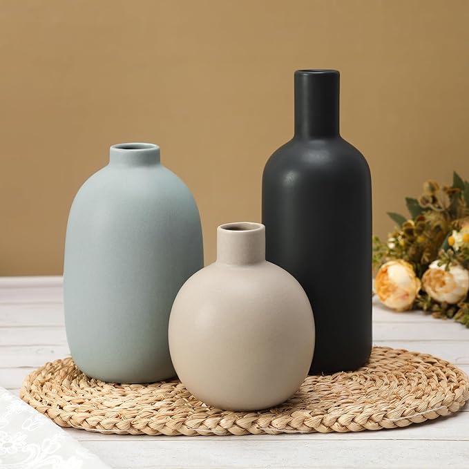 Ceramic Vase Set of 3, Large Neutral Rustic Vases for Farmhouse Decor, Pampas Grass & Dried Flowers and Table Living Room Home Decor