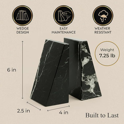 Bey-Berk White Triangular Marble Bookends – Heavy-Duty Wedge Design, Modern Office and Bookshelf Organizer
