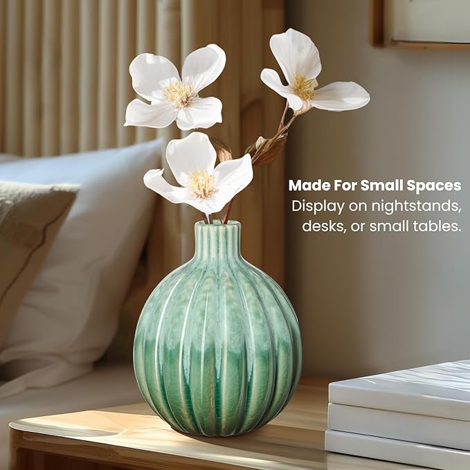 Torre & Tagus 5" Reactive Glaze Ceramic Green Bud Vase - Mint Green Two-Tone Handmade Textured Vases for Home Decor & Flowers as Small Decorative Accents for Coffee Table & Shelf (Allium 5 Inch Vase)