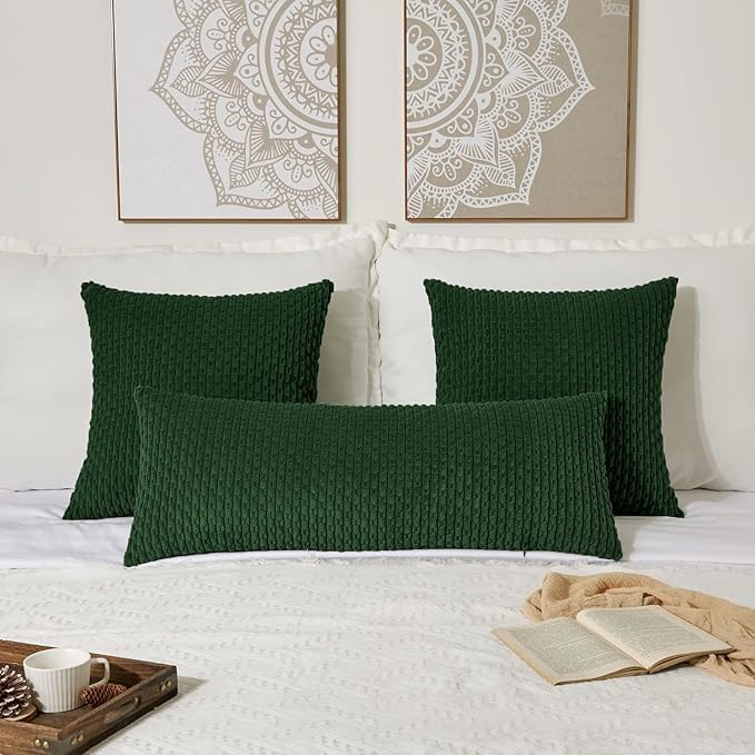 Kevin Textile 14x36 Inch Long Lumbar 1 Pack Boho Christmas Decorative Throw Pillow Cover Soft Striped Corduroy Rectangle Cushion Case Farmhouse Color Accent for Living Room Couch Sofa Bed, Dark Green