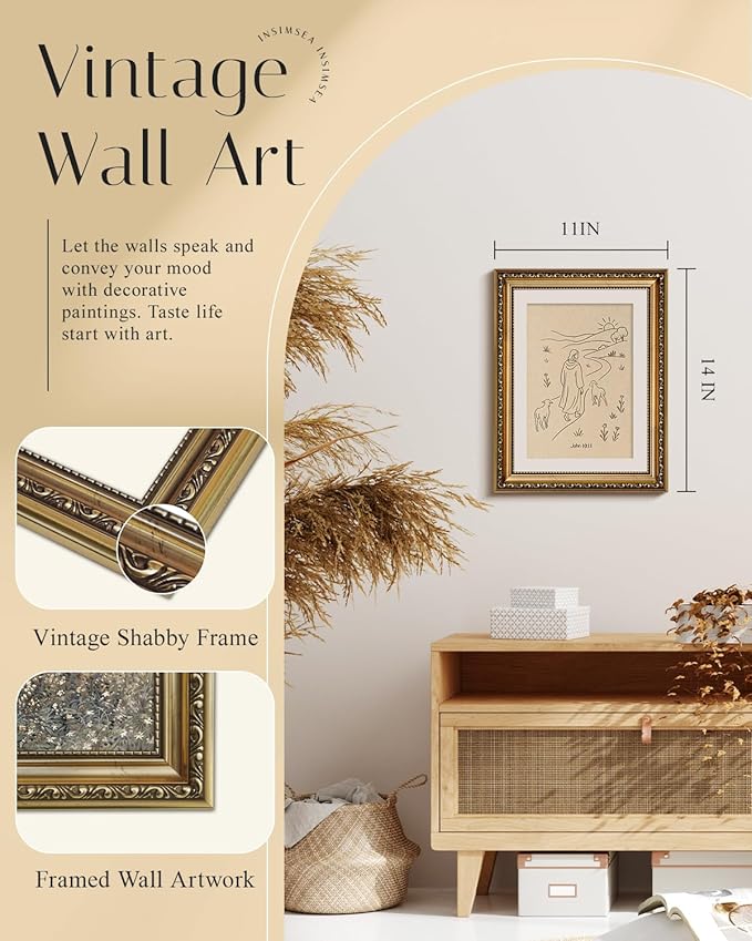 InSimSea Gold Framed Canvas Wall Art Room Decor Minimalist Christian Jesus and Lamb Artwork Prints Home Decor for Bedroom Living Room Church Office 14×11inch