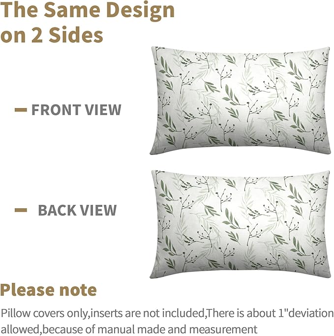 Sage Green Spring Pillow Covers 12x20 Set of 2 Leaves Throw Pillow Covers Neutral Pillowcase Linen Decoration Farmhouse Soft Decorative Plants Vintage Cushion Case Couch for Indoor Outdoor Home Decor