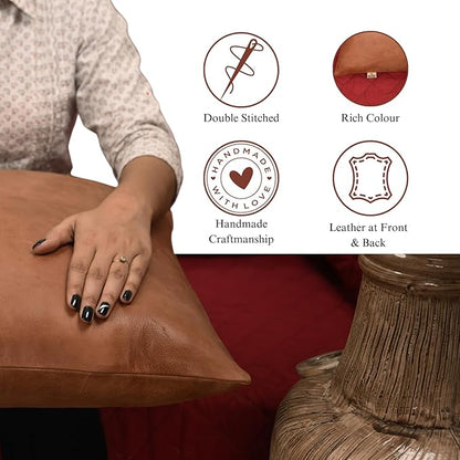 Lambskin Leather Pillow Cover - Sofa Cushion Case - Decorative Throw Covers for Living Room & Bedroom, 20x20 Inches - Antique Brown Plain Pack of 2