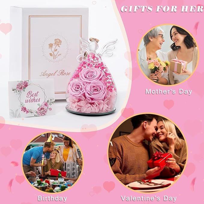 Beferr Valentines Day Rose Gifts for Her Women Mom Gifts for Birthday, Fresh Flowers for Delivery Forever Preserved Rose in Glass Angel Figurine, for Grandma Wife Kids Daughter