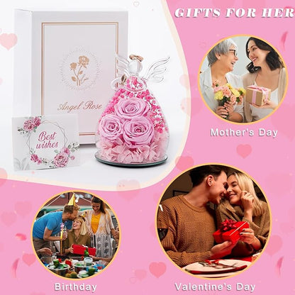 Beferr Valentines Day Rose Gifts for Her Women Mom Gifts for Birthday, Fresh Flowers for Delivery Forever Preserved Rose in Glass Angel Figurine, for Grandma Wife Kids Daughter