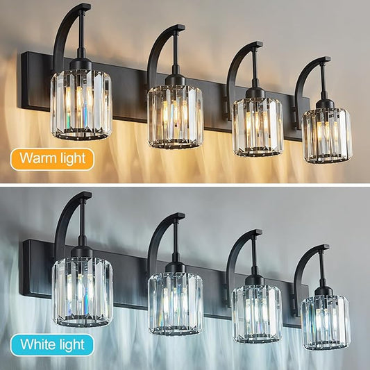 4-Light Crystal Vanity Light, Modern Black Bathroom Wall Sconce with K9 Crystal Shades, 32.67" Long Over Mirror Lighting for Vanity, Makeup, Hallway, Elegant & Easy Install