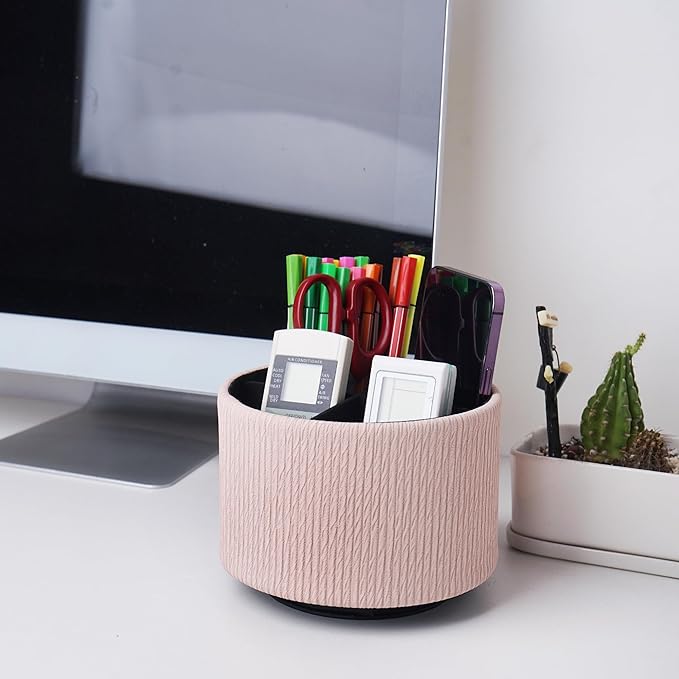 Round Leather Art Supply Organizer,Remote Control Holder,360 Degree Spinning,Multi-Functional Pencil Holder,4 Compartments Desktop Stationary Organizer(1-Wood Pink2)