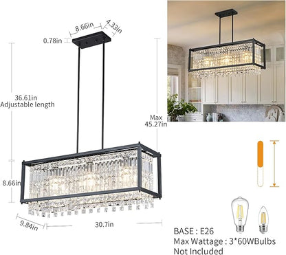 LMQNINE Modern Rectangle Chandelier for Dining Room, Black Crystal Chandelier Linear Light Fixture, Farmhouse Chandeliers for Kitchen Island, Bar Table, L30.7'' x W9.84'' x H8.66''
