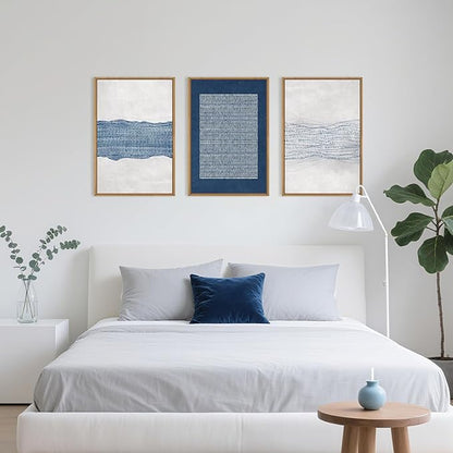 Aryroi Large Abstract Navy Blue and White Framed Canvas Wall Art,Minimalist Boho Waves Lines Wall Decor,Modern Mid Century Artwork,Neutral Geometric Art Print for Living Room,Bedroom,Office- 24"x36"x3