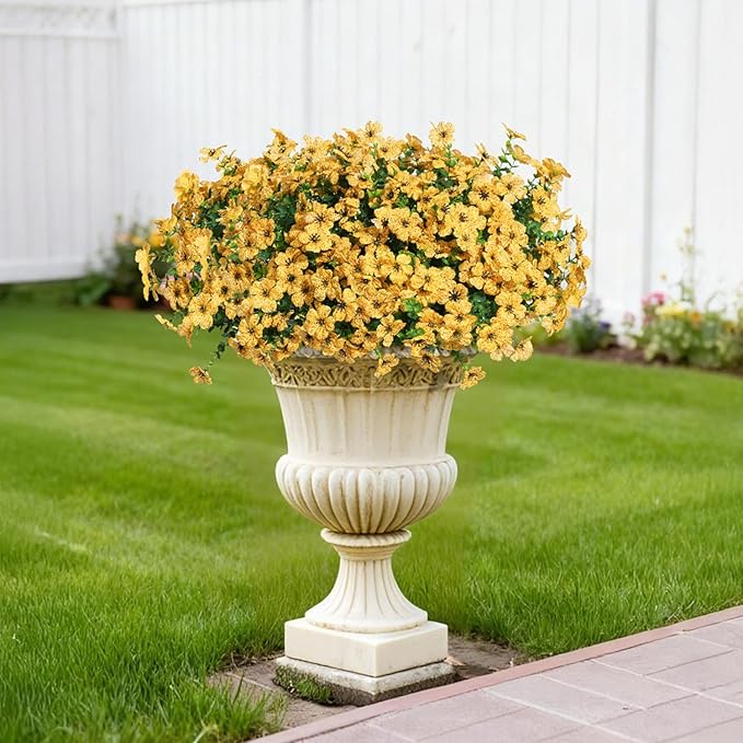 Yellow Fall Artificial Flowers for Outdoors Decorations, 12 Bundles Faux Fall Mums Flowers, UV Resistant Realistic Silk Daisy with Eucalyptus for Home Decor Garden Planters Patio Yard Balcony