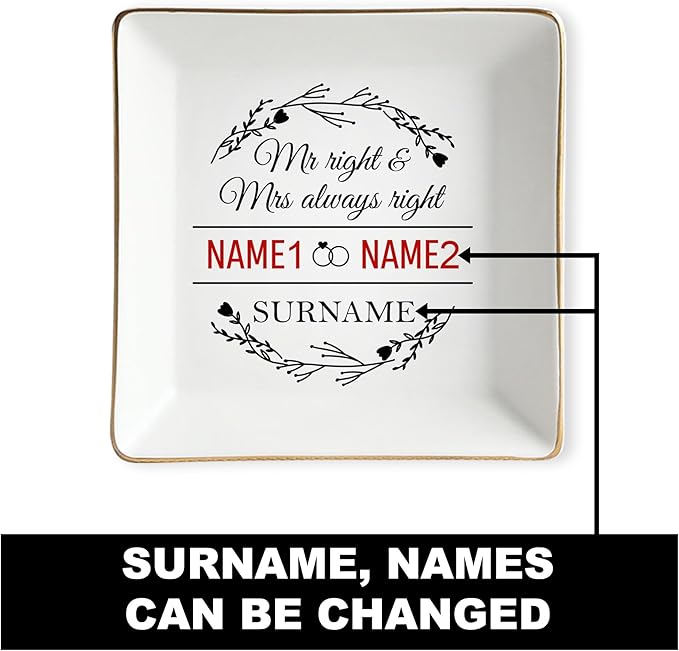 Custom Couple Jewelry Tray Wedding Gifts for Bride and Groom, Personalized Mr and Mrs Ring Dish, Engagement Ceramic Ring Holder, Newlywed Trinket Plate, Gift for Romantic Anniversary