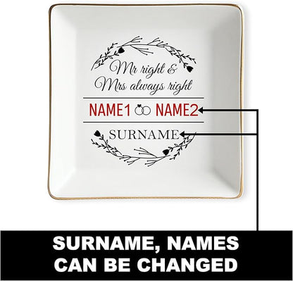Custom Couple Jewelry Tray Wedding Gifts for Bride and Groom, Personalized Mr and Mrs Ring Dish, Engagement Ceramic Ring Holder, Newlywed Trinket Plate, Gift for Romantic Anniversary