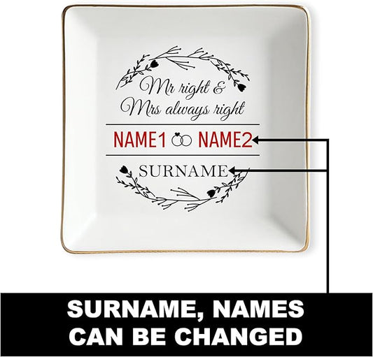 Custom Couple Jewelry Tray Wedding Gifts for Bride and Groom, Personalized Mr and Mrs Ring Dish, Engagement Ceramic Ring Holder, Newlywed Trinket Plate, Gift for Romantic Anniversary