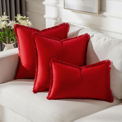 FUTEI Christmas Red Velvet Decorative Throw Pillow Covers 16x16 Set of 2,Soft Cozy Edge with Tassels Cushion Case,Boho Modern Home Decor for Couch Bed Living Room