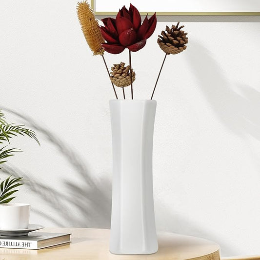 12Inch Tall White Ceramic Flower Vase, Textured Modern Vases for Living Room Decorations, Shelf, Table Centerpieces, Farmhouse Small Ceramic Vase