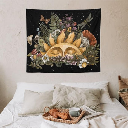 Vintage Sun Tapestry,Boho Hippie Mushroom Starry Floral Forest Plant Tapestries Wall Hanging for Dorm Living Room Bedroom Home Decor(50"x60")
