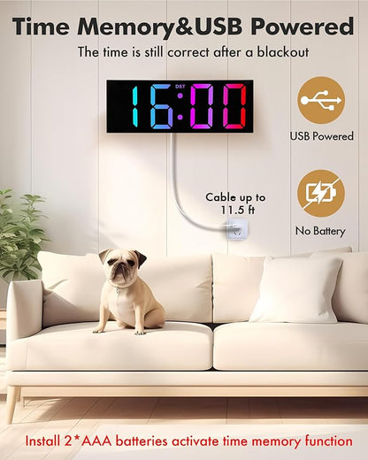 Alampan 12" Large Digital Wall Clock with Remote Control, USB Powered, Corded RGB LED Clock with Full Screen Display, Big Numbers, for Classroom, Living Room, Elderly, Wall Mounted, DST, KSJ-01, Black