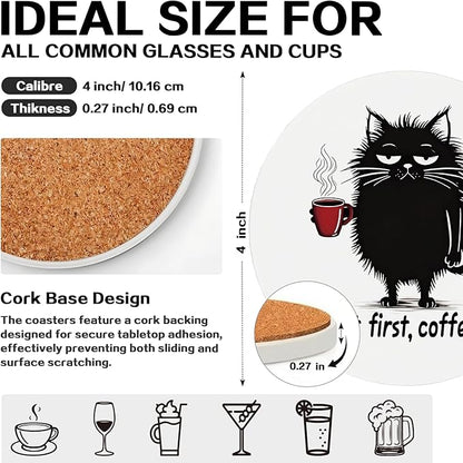 zcyhtqp, But First Coffee, Funny Absorbent Round Ceramic Stone Coasters Set of 4 with Cork Base, Funny Coffee Coasters, Cat Lover, Gifts for Home, Kitchen, Office Table Décor