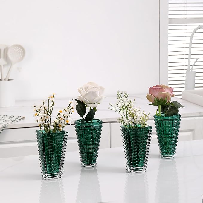 MCMCNCUIU Crystal Flower Vase Set of 4, Glass Vases for Centerpieces, Green Vases for Flowers, Small Vase for Living Room, Bedroom, Kitchen, Office, Wedding