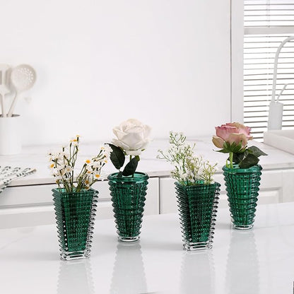 MCMCNCUIU Crystal Flower Vase Set of 4, Glass Vases for Centerpieces, Green Vases for Flowers, Small Vase for Living Room, Bedroom, Kitchen, Office, Wedding