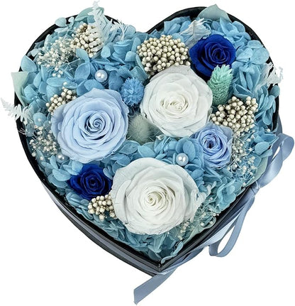 Preserved Roses Heart Shape Box Valentines Day Gifts for Her Mothers Day Forever Flowers (Multicolor-Blue, One Size)