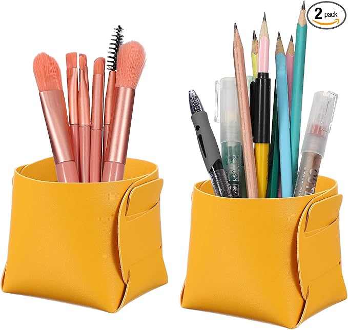 PATIKIL 2Pack Leather Desk Organizer, Leather Pencil Pen Holder Jewelry Valet Tray Hair Accessories Organizer for Bedroom Drawer Office Key Wallet Watch Pen Pencil Glasses, Yellow