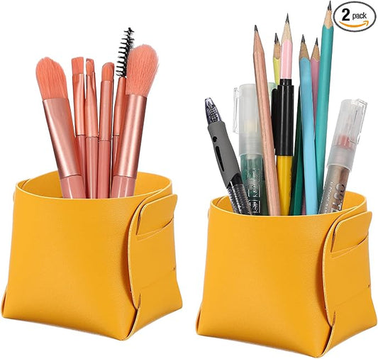PATIKIL 2Pack Leather Desk Organizer, Leather Pencil Pen Holder Jewelry Valet Tray Hair Accessories Organizer for Bedroom Drawer Office Key Wallet Watch Pen Pencil Glasses, Yellow